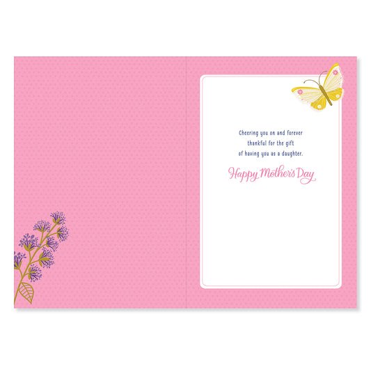 Hallmark Mother's Day Card For Daughter - You Are Loved, open view featuring pink interior, colourful butterfly and floral illustration.