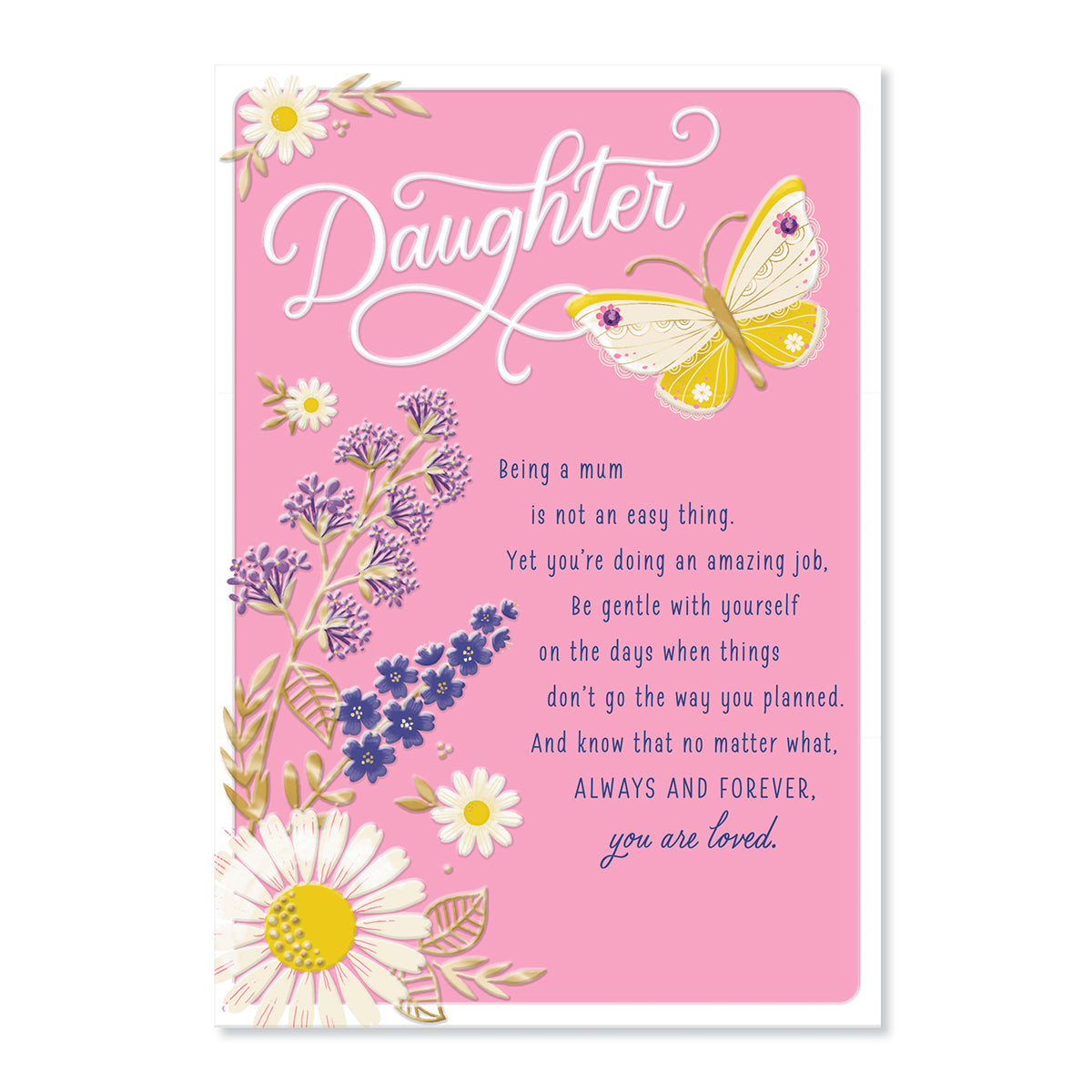 Hallmark Mother's Day card for Daughter - You Are Loved, featuring pink background, butterfly, and floral illustrations.