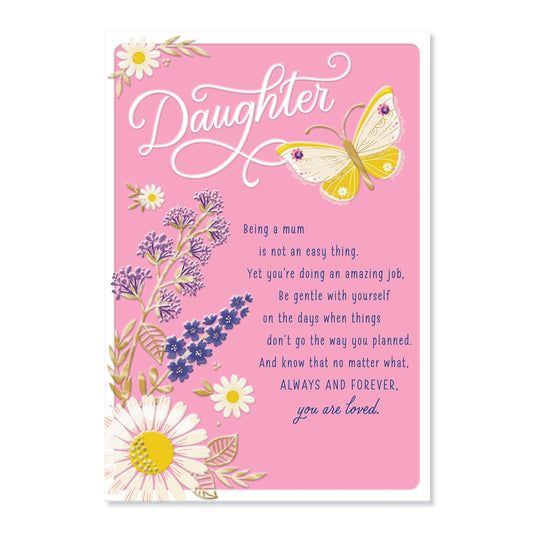 Hallmark Mother's Day card for Daughter - You Are Loved, featuring pink background, butterfly, and floral illustrations.