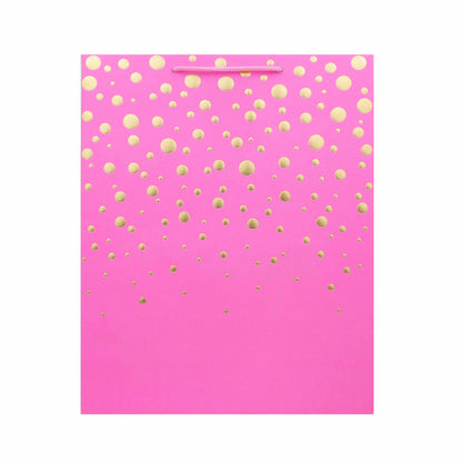 Hallmark Large Gift Bag - Gold Bubbles, large gift bag, pink background, gold foil dots, flat lay view