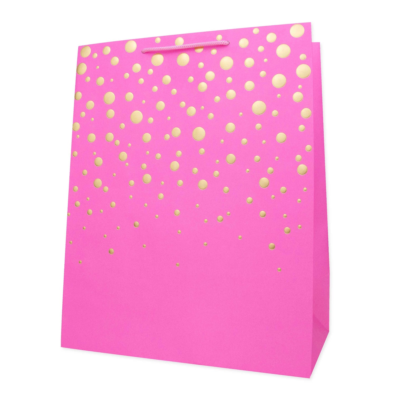 Hallmark Large Gift Bag - Gold Bubbles in bright pink with gold foil embossed dots, featuring a simple design and flat view.