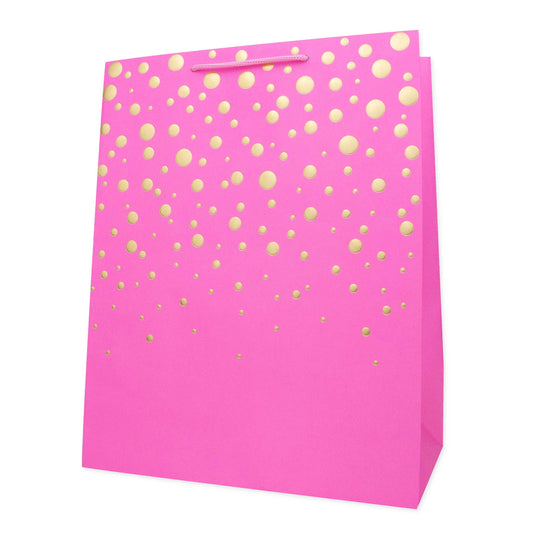 Hallmark Large Gift Bag - Gold Bubbles in bright pink with gold foil embossed dots, featuring a simple design and flat view.