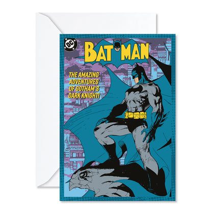 Hallmark DC™ Batman™ comic book greeting card featuring Batman with a vibrant comic cover design and blank interior for messages.