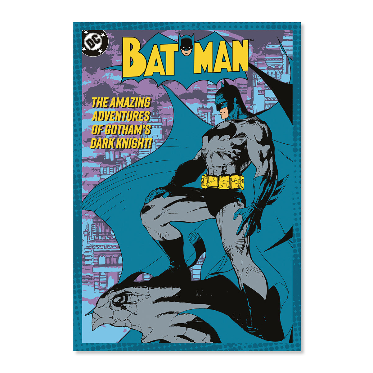 Hallmark DC™ Batman™ Comic Book Greeting Card featuring a comic cover design with Batman and Gotham's skyline in vibrant colours.