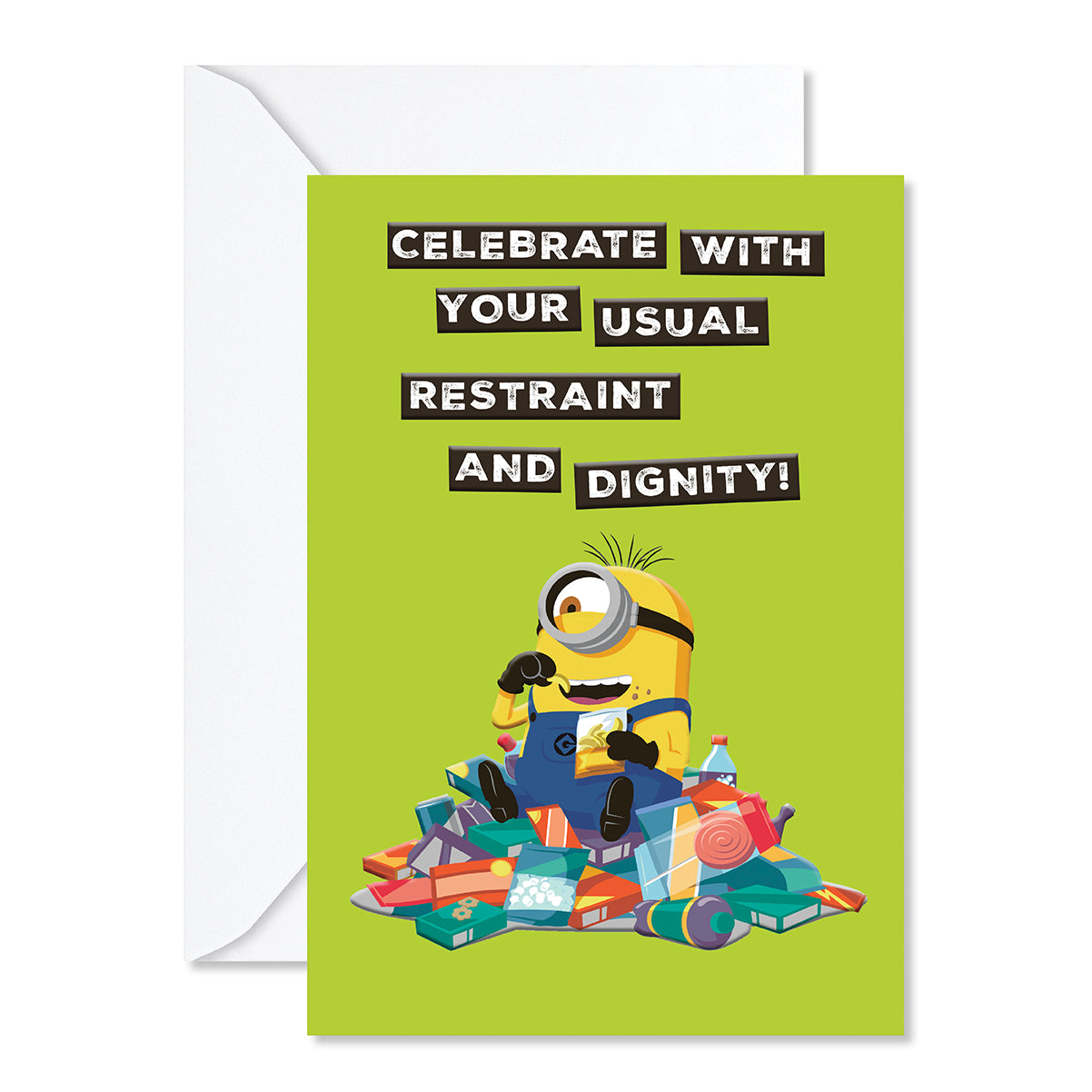 Hallmark Minions Greeting Card - Celebrate! featuring Kevin on a pile of lollies with a fun green background and a cheeky message.
