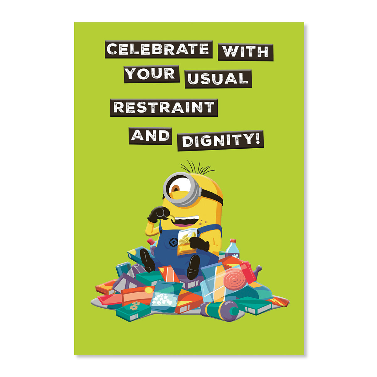 Hallmark Minions Greeting Card - Celebrate! featuring Kevin sitting in lollies with colourful text on a bright green background.
