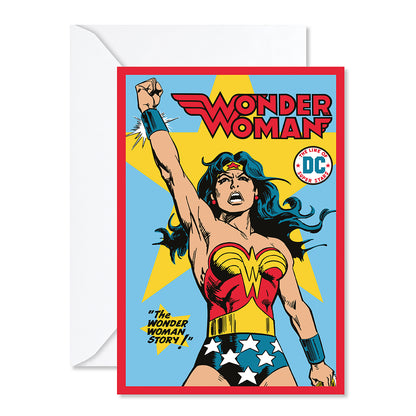 Hallmark DC™ Wonder Woman™ comic book greeting card featuring comic cover art with Wonder Woman and vibrant colours, flat lay view.