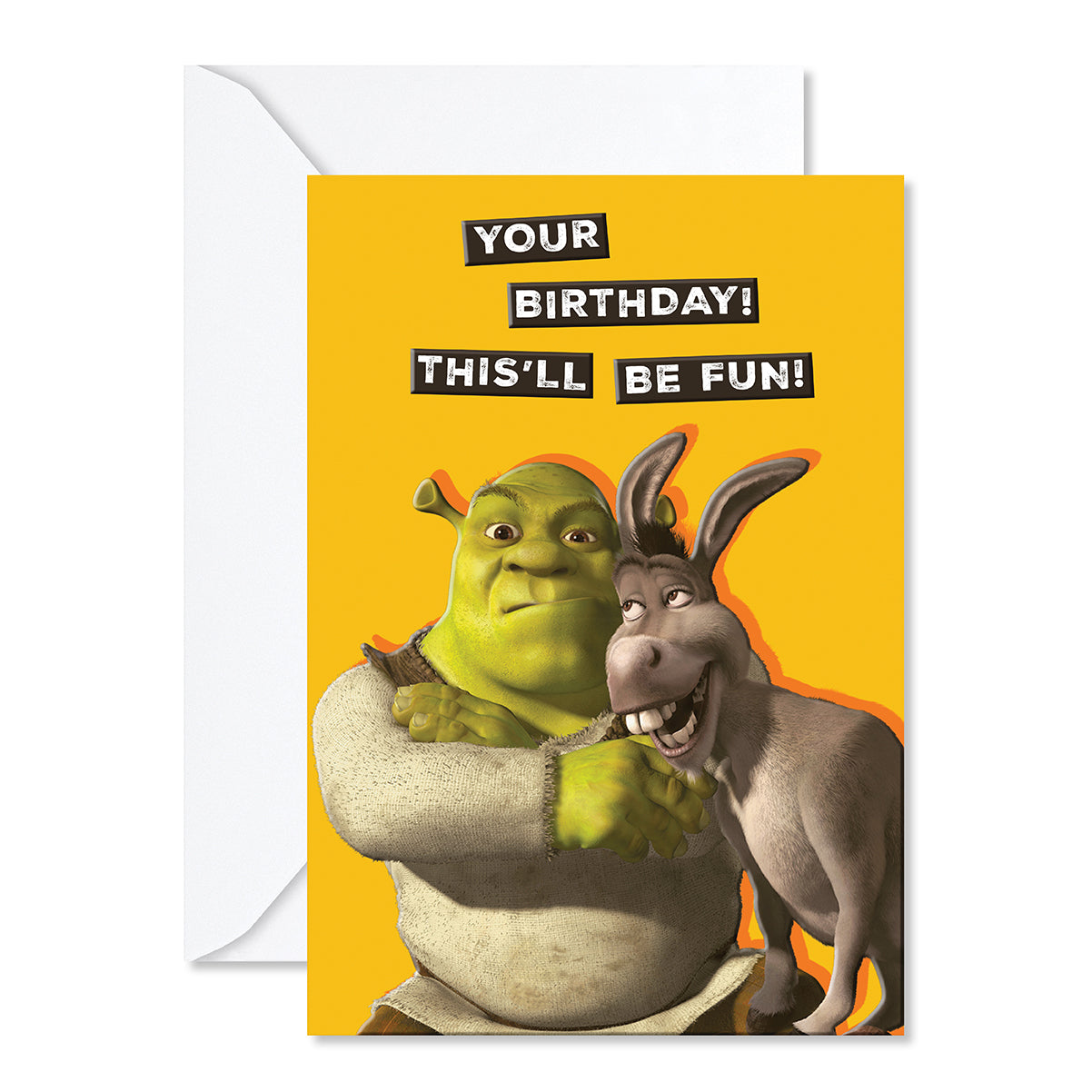 Hallmark Shrek Birthday Greeting Card - Shrek & Donkey with embossed details and bright yellow background, featuring humorous message.