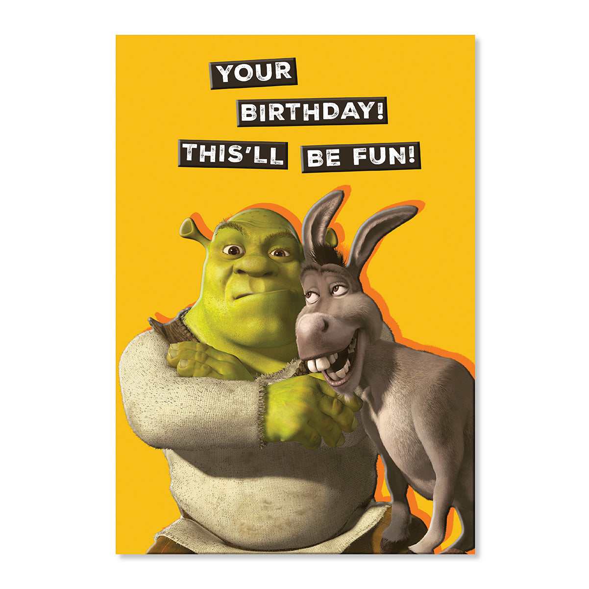 Hallmark Shrek Birthday Greeting Card - Shrek & Donkey, featuring Shrek and Donkey with a bright yellow background and playful text.