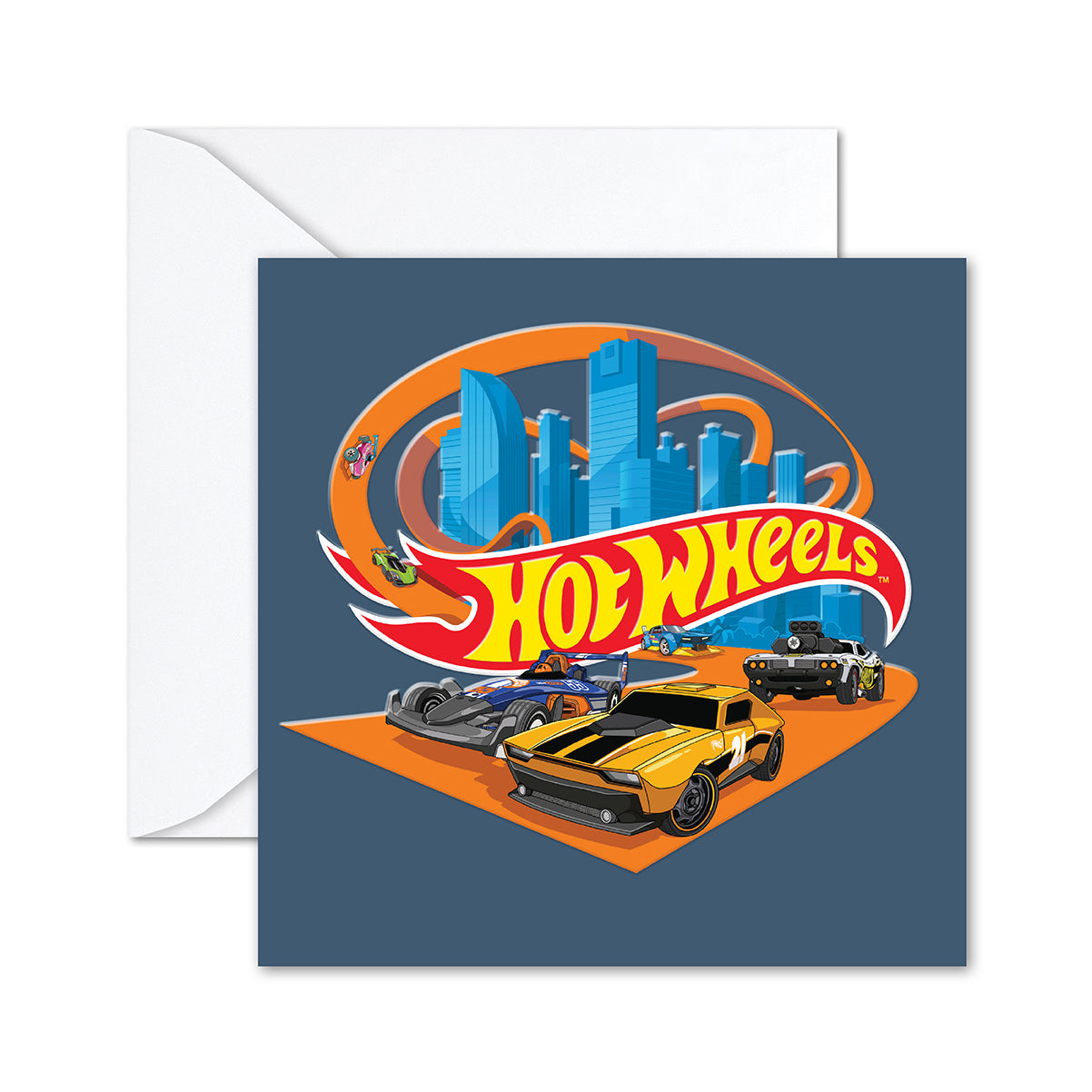 Mattel Hot Wheels™ greeting card featuring racing cars and a city skyline, square design with vibrant colours and embossed details.