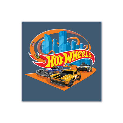 Mattel Hot Wheels™ greeting card featuring racing cars and city skyline illustration, vibrant colours and bold design.