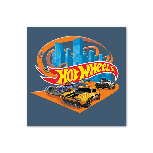 Mattel Hot Wheels™ greeting card featuring racing cars and city skyline illustration, vibrant colours and bold design.