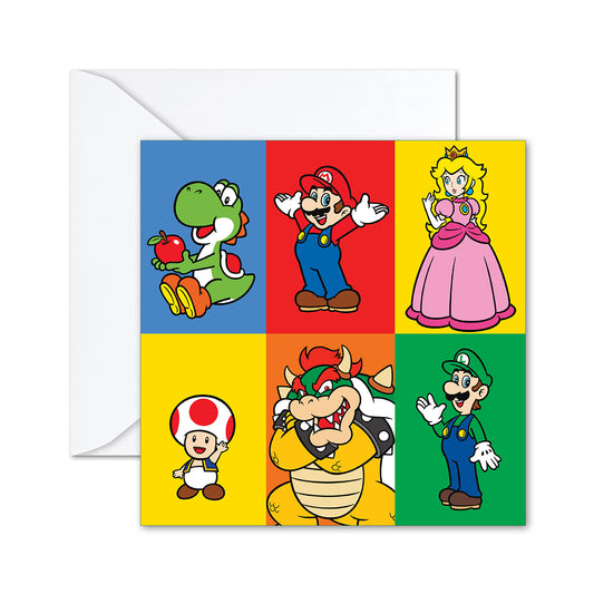 Hallmark Super Mario Greeting Card featuring vibrant character illustrations of Yoshi, Mario, Princess Peach, Toad, Bowser, and Luigi in a colourful design.