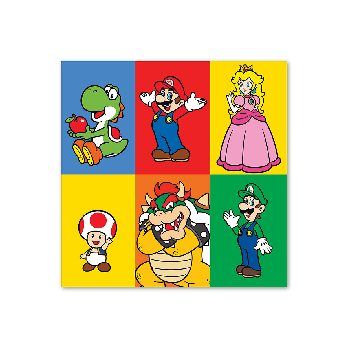 Hallmark Super Mario greeting card featuring colourful illustrations of Mario, Luigi, Princess Peach, Toad, Yoshi, and Bowser.