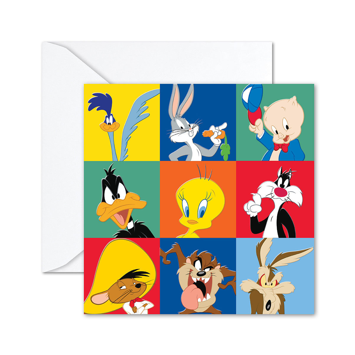 Looney Tunes™ greeting card featuring colourful character illustrations including Bugs Bunny and Daffy Duck in a collage design.