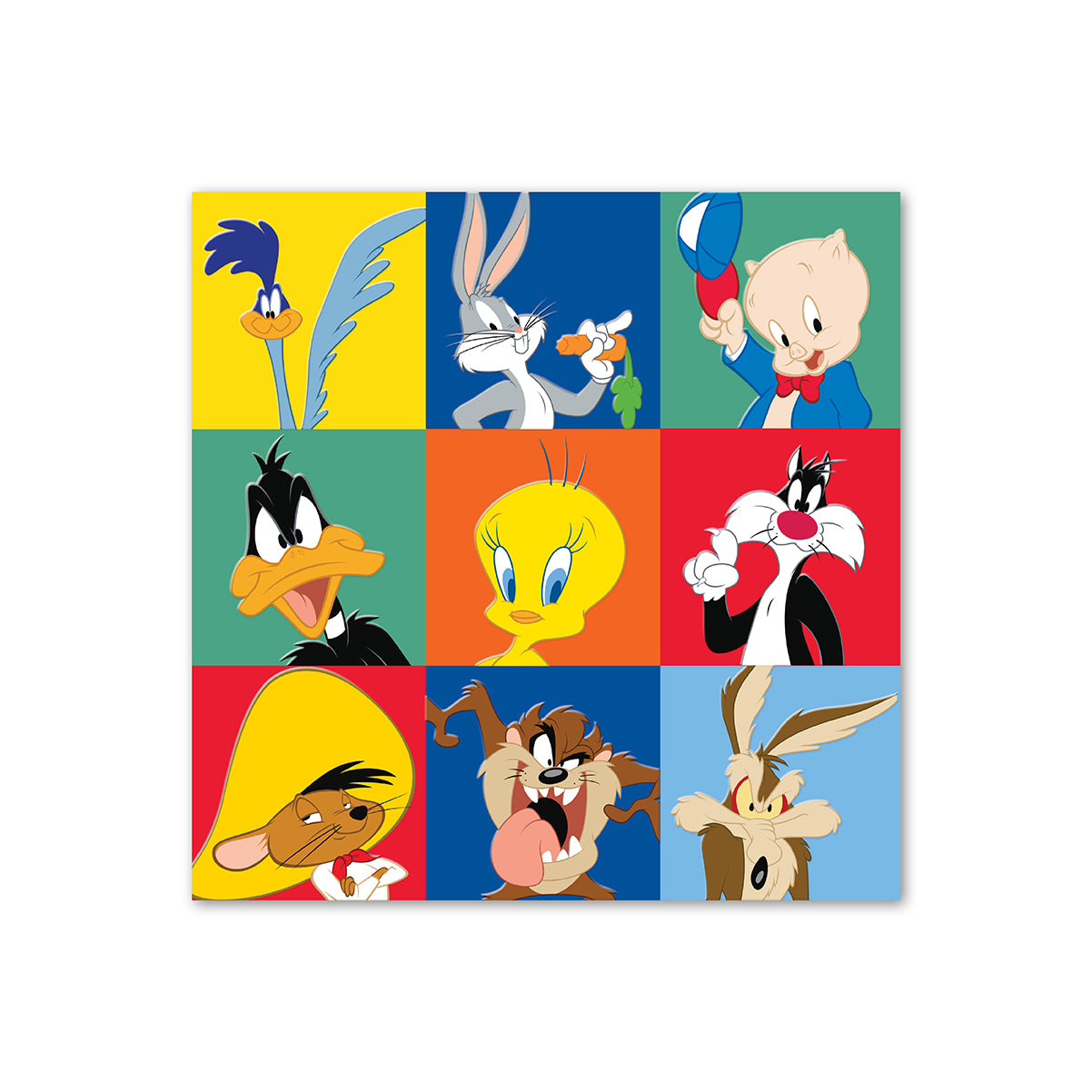 Looney Tunes™ greeting card featuring colourful squares of iconic characters Bugs Bunny, Daffy Duck and Tweety Bird.