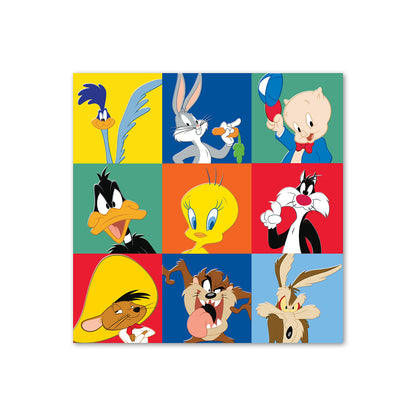 Looney Tunes™ greeting card featuring colourful squares of iconic characters Bugs Bunny, Daffy Duck and Tweety Bird.