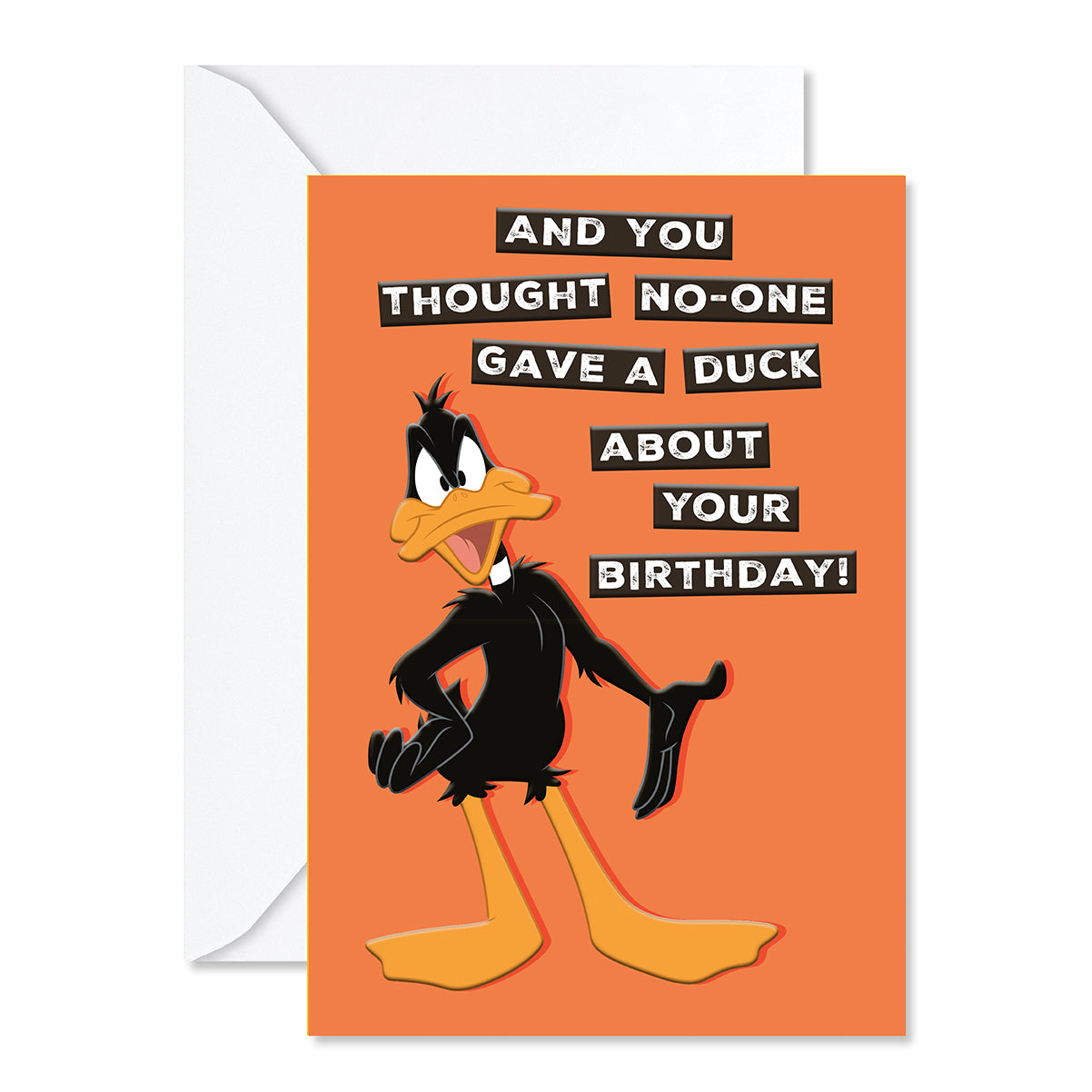 Hallmark Looney Tunes™ Birthday Greeting Card - Daffy Duck featuring an orange background and humorous text about birthdays, with a white envelope.