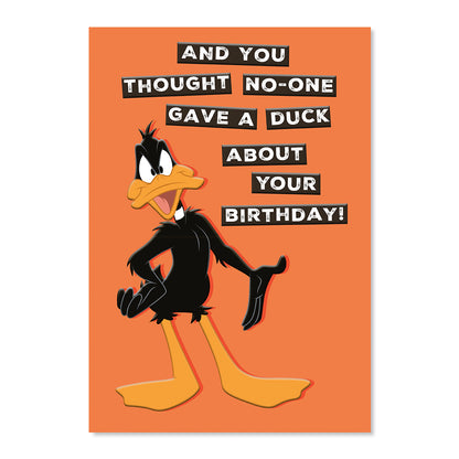 Hallmark Looney Tunes™ birthday greeting card - Daffy Duck, featuring an orange background and playful text about birthdays.