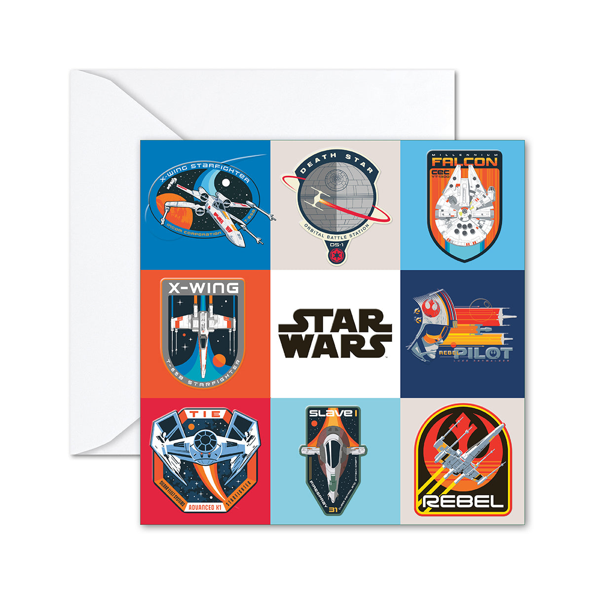 Star Wars™ Emblem Greeting Card featuring colourful illustrations of iconic emblems on a square card with a white envelope.