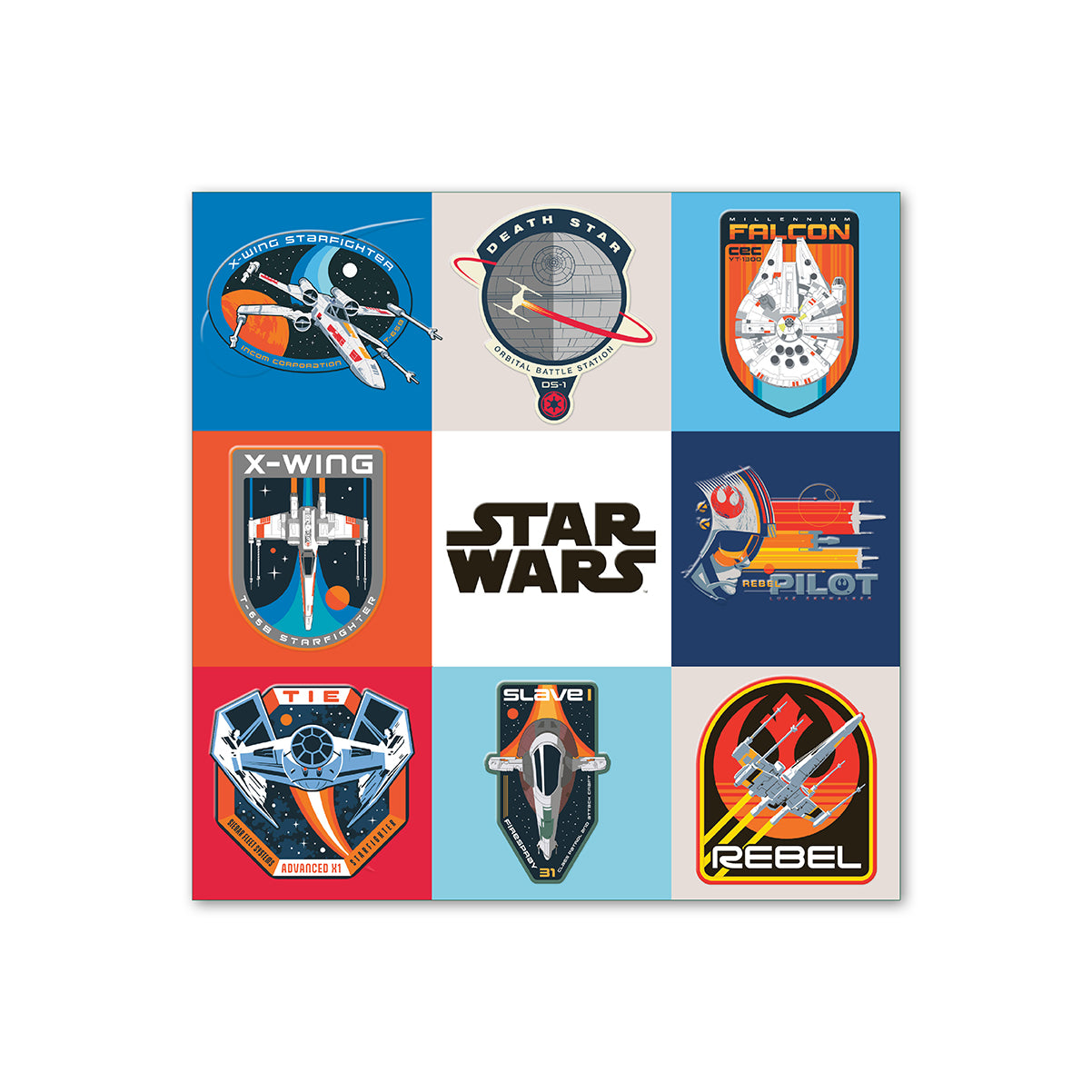 Star Wars™ Emblem Greeting Card featuring colourful emblems of iconic ships and characters in a grid layout.