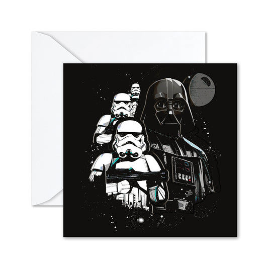 Star Wars™ Darth Vader & Stormtroopers Greeting Card featuring an illustrated design with a black background and a coordinating white envelope.