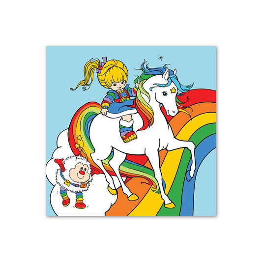 Hallmark Rainbow Brite greeting card featuring Rainbow Brite, Starlite the unicorn, and Twink with a vibrant rainbow background.