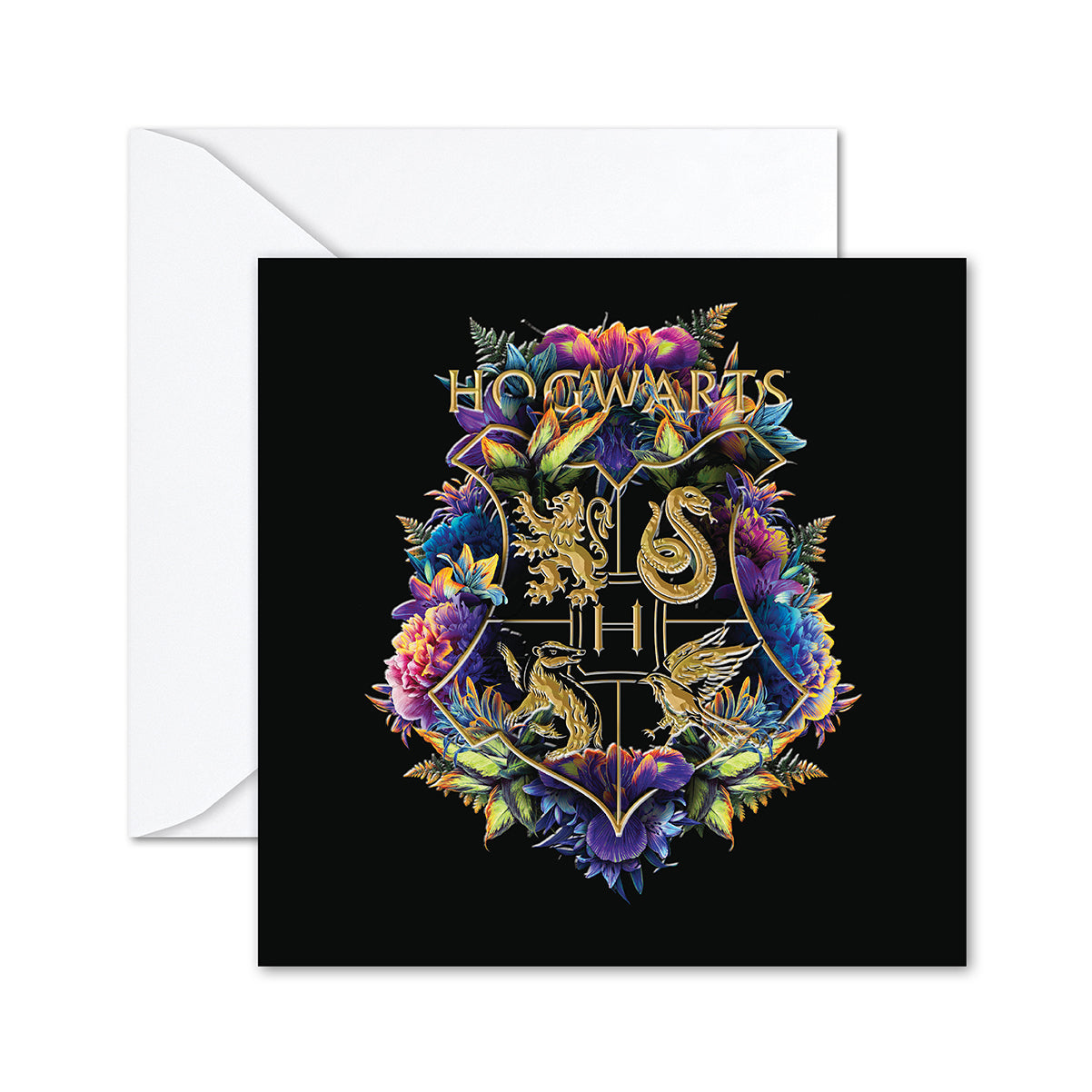 Hallmark Harry Potter™ Hogwarts Greeting Card featuring the Hogwarts crest with floral designs on a black background, angled view.