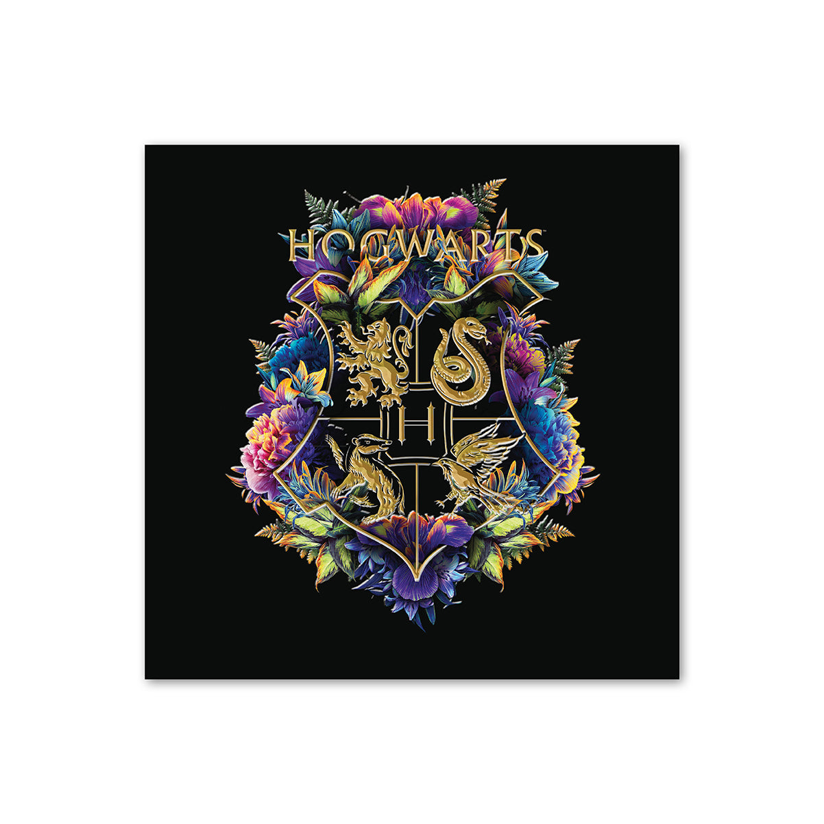 Hallmark Harry Potter™ Hogwarts Greeting Card with intricate Hogwarts crest design and neon floral background.