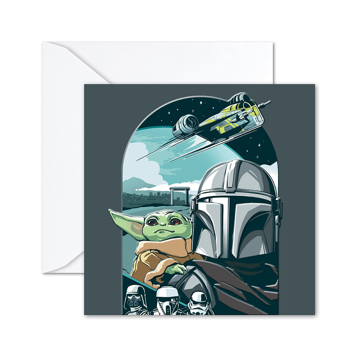 Hallmark Star Wars™ The Mandalorian Greeting Card with illustration of Mandalorian, Grogu and stormtroopers, flat lay display.