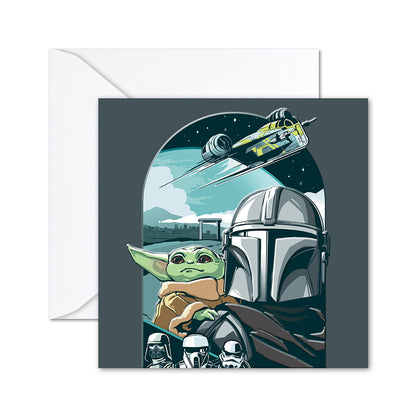 Hallmark Star Wars™ The Mandalorian Greeting Card with illustration of Mandalorian, Grogu and stormtroopers, flat lay display.
