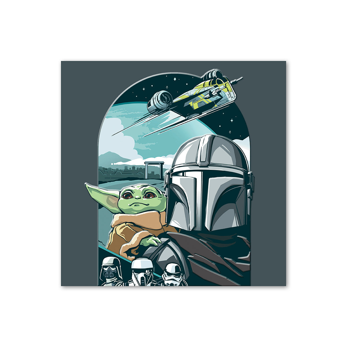 Hallmark Star Wars™ The Mandalorian Greeting Card featuring Mandalorian and Grogu with stormtroopers in detailed illustration.