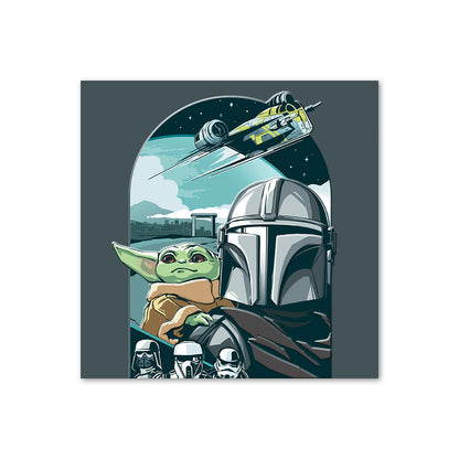 Hallmark Star Wars™ The Mandalorian Greeting Card featuring Mandalorian and Grogu with stormtroopers in detailed illustration.