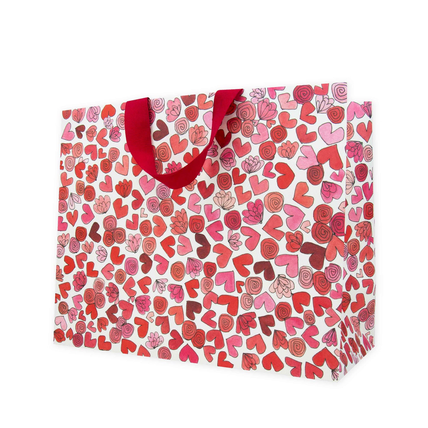 Hallmark x Love, Meredith Large Gift Bag - Hearts & Flowers, large gift bag with red and pink heart and flower illustrations, angled view.