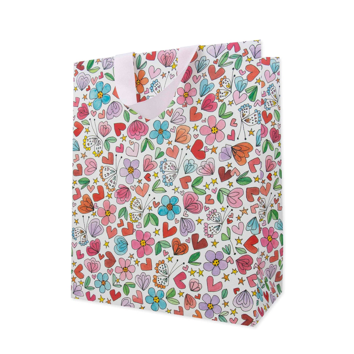 Hallmark x Love, Meredith Large Gift Bag - Butterflies, Hearts, Stars & Flowers, large size with colourful floral and heart patterns, angled view