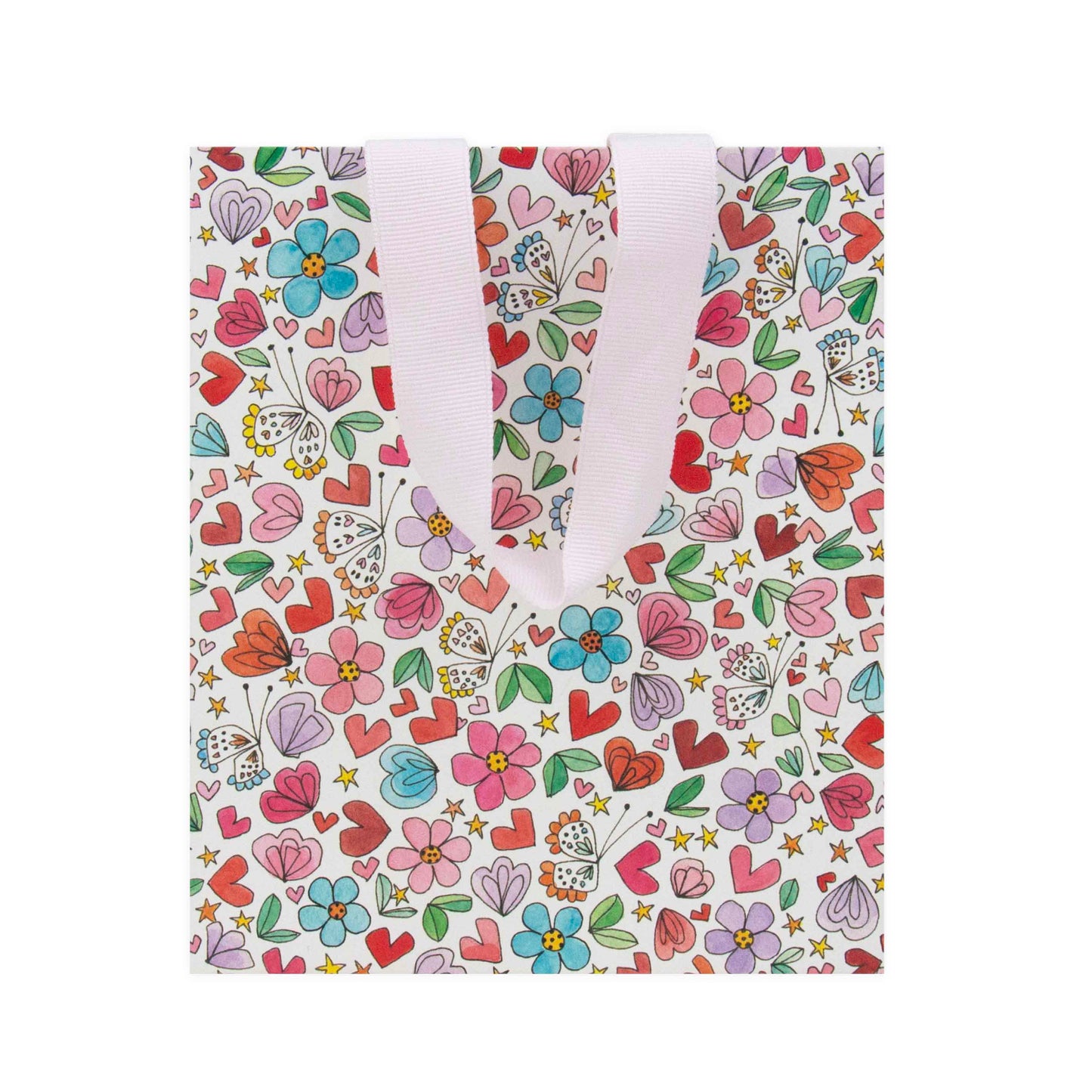 Hallmark x Love, Meredith small gift bag - butterflies, hearts, stars & flowers with colourful floral and heart illustrations, light pink handles.