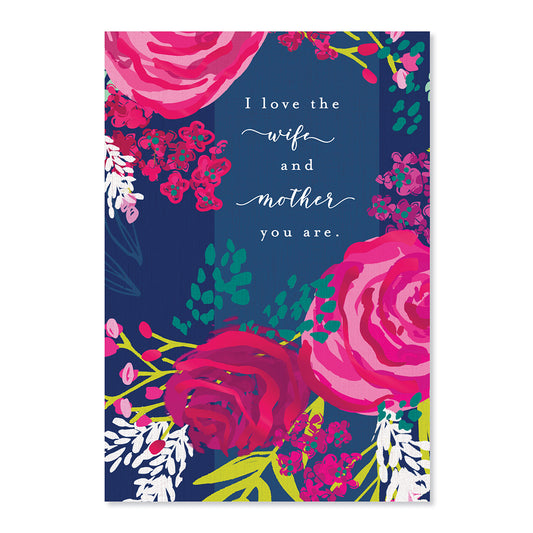 Hallmark Mother's Day card for wife - Couldn't Be Prouder, floral design with pink roses, navy background, front view.