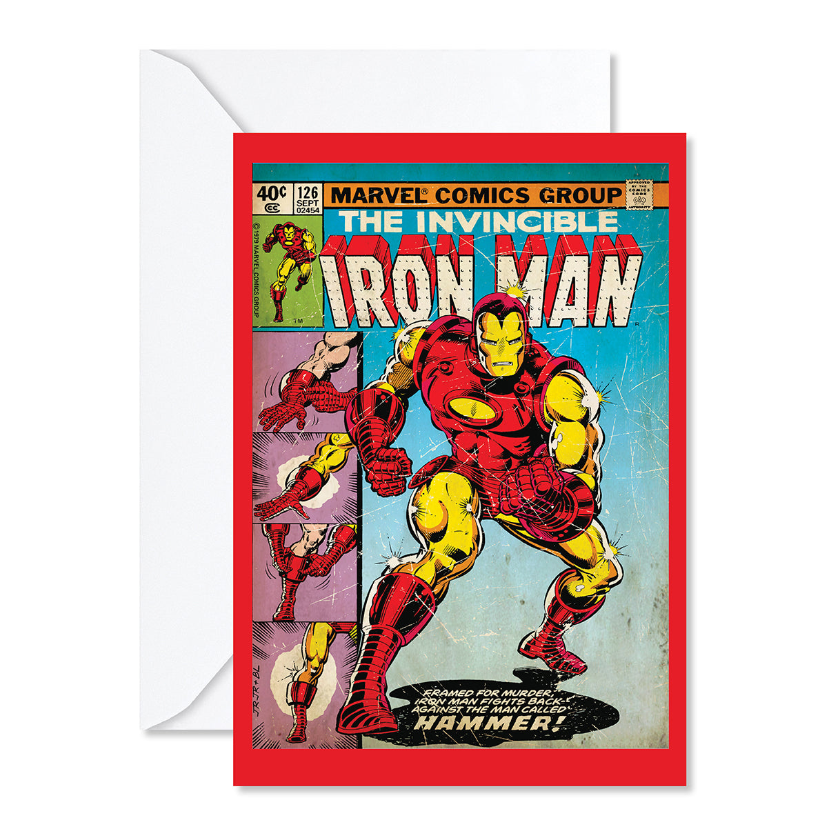 Hallmark MARVEL Iron Man Comic Book Greeting Card featuring vibrant comic illustrations and a bold red border, designed for all occasions.
