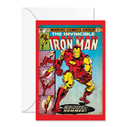Hallmark MARVEL Iron Man Comic Book Greeting Card featuring vibrant comic illustrations and a bold red border, designed for all occasions.