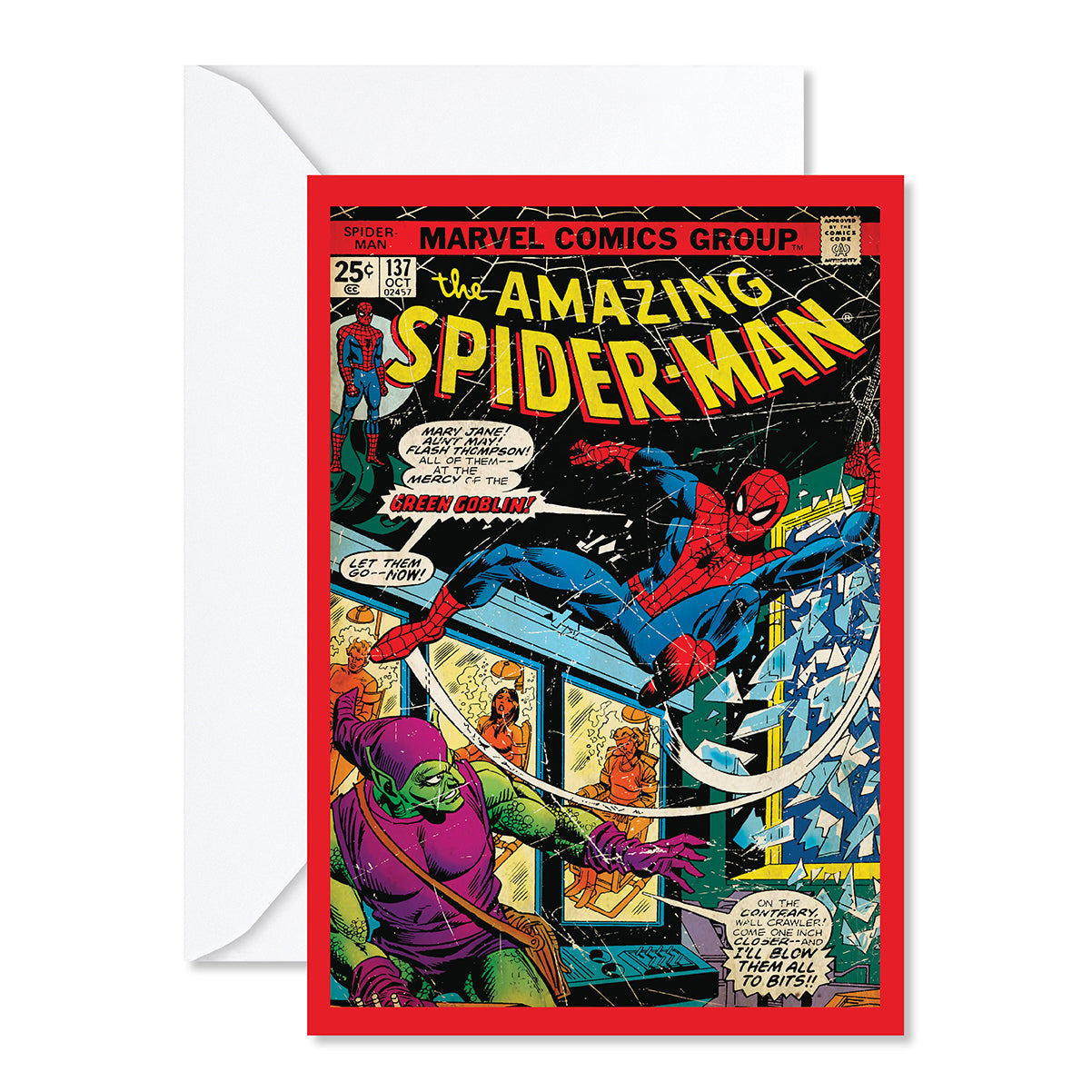 Hallmark MARVEL Spider-Man Comic Book Greeting Card featuring vibrant comic art of Spider-Man battling the Green Goblin with a blank interior.