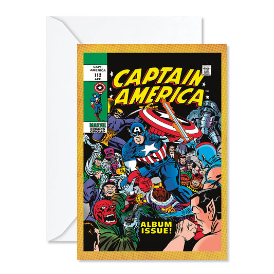 Hallmark MARVEL Captain America Comic Book Greeting Card featuring comic-style illustration, iconic villains, and envelope backdrop.