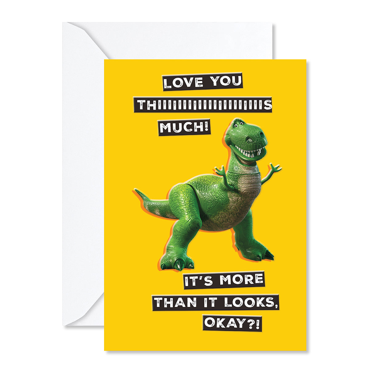 Hallmark Toy Story Greeting Card - Love You featuring Rex the dinosaur on a bright yellow background with a playful message and blank inside.