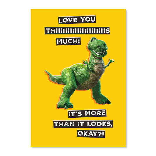 Hallmark Toy Story Greeting Card - Love You with Rex from Toy Story, featuring an embossed design on a bright yellow background.