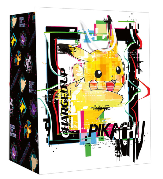 Hallmark Large Pokémon gift bag featuring a vibrant Pikachu design with 'Charged Up' text, angled view showcasing bright colours.