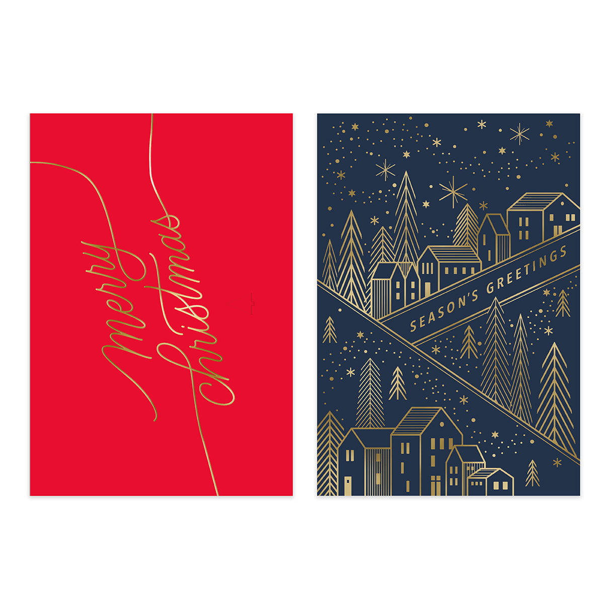 Two Christmas greeting cards shown side by side on a white background. The left card is bright red with elegant gold cursive script reading 'Merry Christmas.