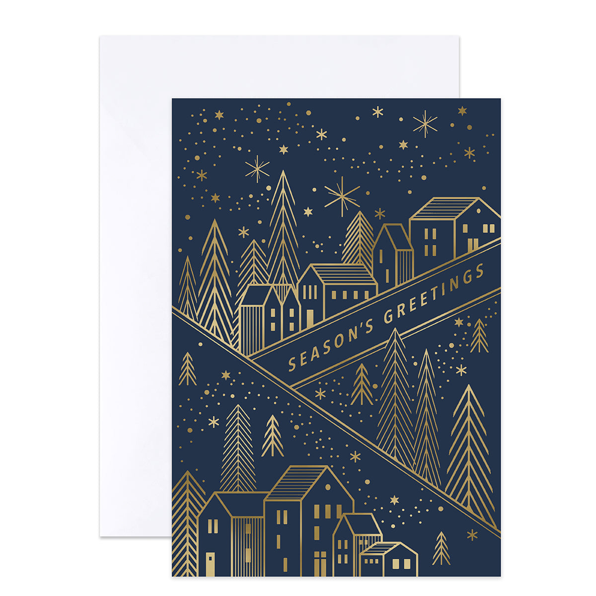 A navy blue holiday greeting card with gold line art showing houses, trees, stars, and the text 'SEASON'S GREETINGS', displayed in front of a white envelope on a white background.