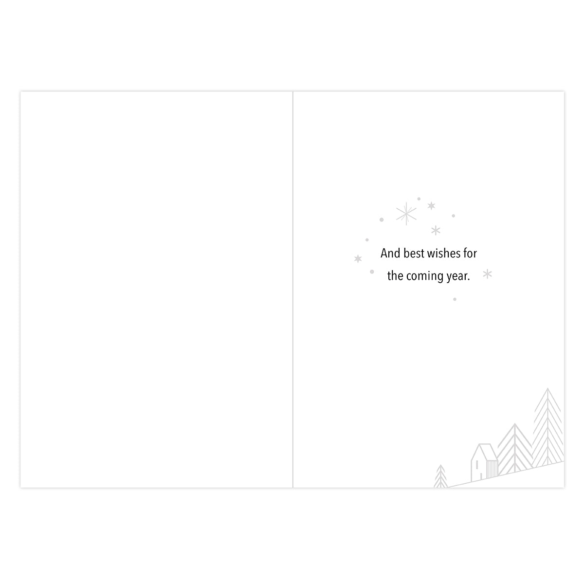 A minimalist greeting card design with a blank left panel and a right panel featuring the text 'And best wishes for the coming year.' above a small winter scene with stars, trees, and a house.