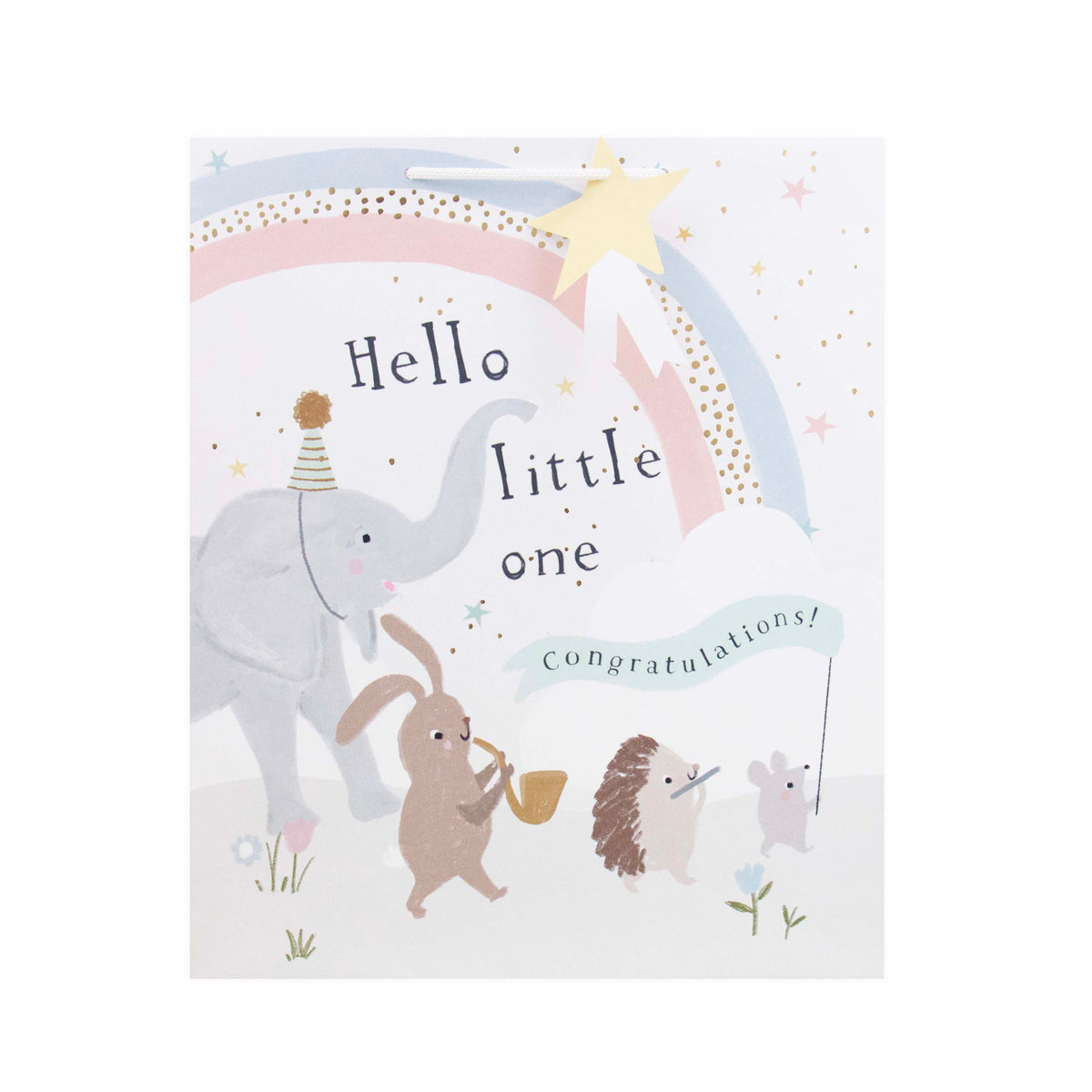 A baby shower congratulations card featuring a whimsical illustration of an elephant, rabbit, hedgehog, and mouse under a pastel rainbow with the text 'Hello little one congratulations!'.
