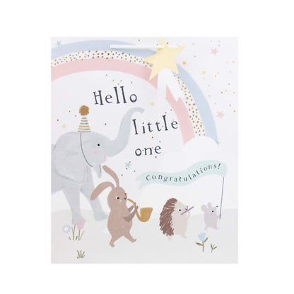 A baby shower congratulations card featuring a whimsical illustration of an elephant, rabbit, hedgehog, and mouse under a pastel rainbow with the text 'Hello little one congratulations!'.
