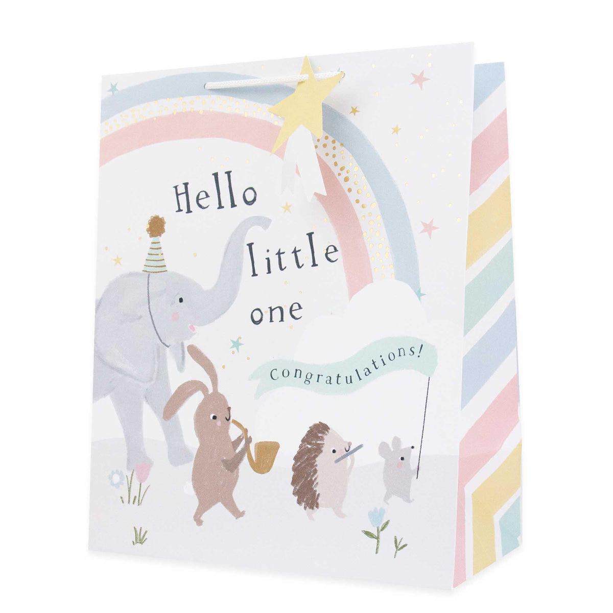 A white paper gift bag with a colorful 'Hello little one' baby shower design, featuring cartoon animals like an elephant, rabbit, hedgehog, and mouse under a rainbow and gold star.
